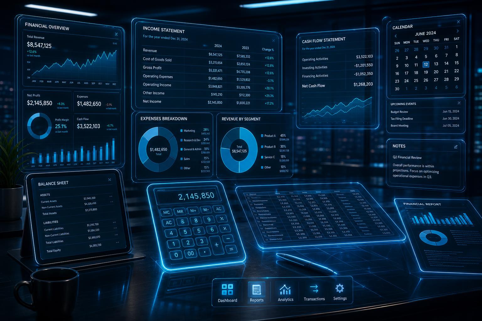Cloud accounting dashboard with financial reports and calculators