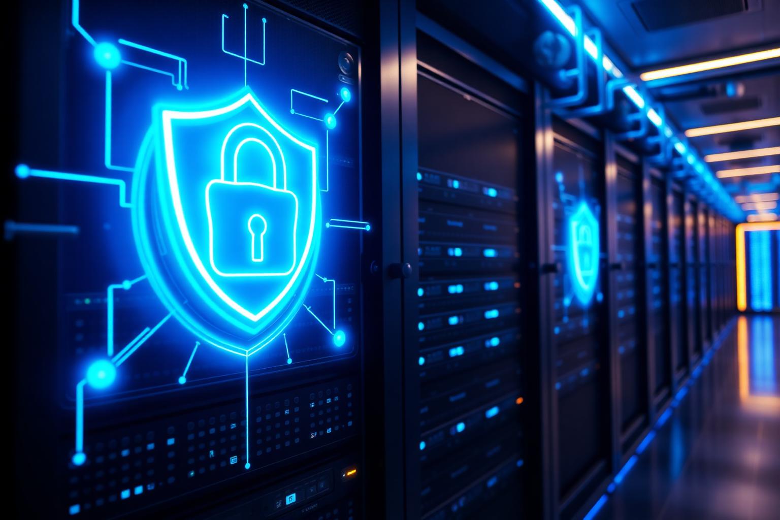Cybersecurity operations center with shield hologram and secured server infrastructure