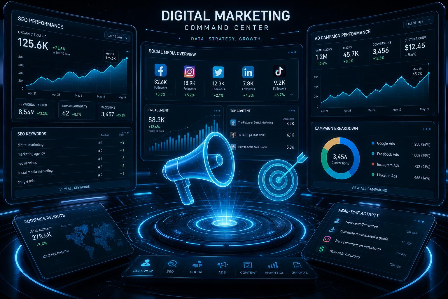 Digital marketing analytics dashboards and campaign performance