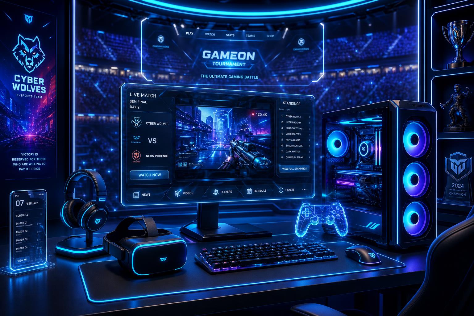 RGB gaming setup with custom PC, monitor and esports tournament screen