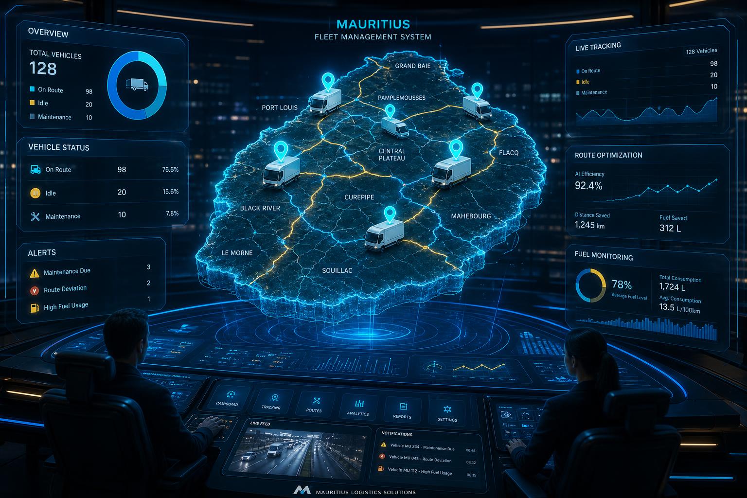 GPS fleet tracking dashboard showing vehicles on a map of Mauritius