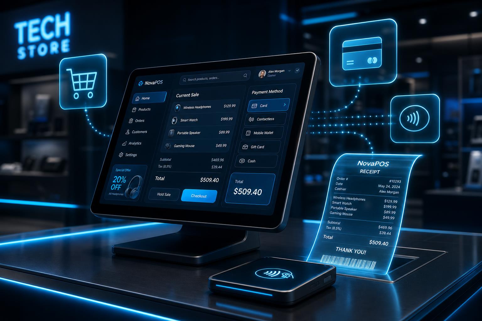 Modern point-of-sale terminal with touchscreen and contactless payment