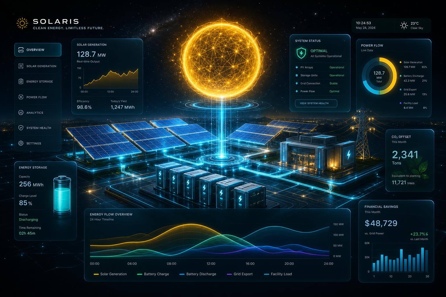 Commercial solar power installation with battery storage and monitoring
